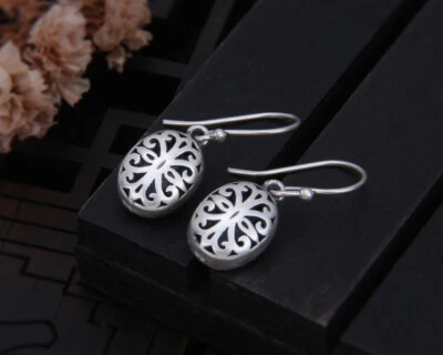 B25 Orecchini Asia Nepal Tibet Ovale Vuot Decorazione Argento 999 - Immagine 1 di 4