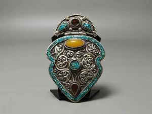 Vintage Sterling Silver Pendant With Yellow Amber Turquoise Coral Stone Inlaid - Picture 1 of 24