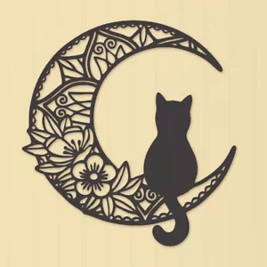Iron Cat Moon Wall Art Black Metal Cat and Moon Wall Silhouette Floral Decor - Picture 1 of 6