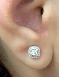 DEAL! 10K Gold Genuine Cluster Diamond Halo Cushions Studs Earrings .20ct 6 mm - Picture 1 of 6