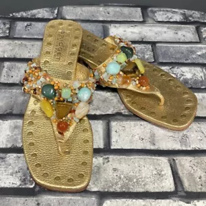 Bridget Shuster Größe 8,5 Gold Leder Sandalen nieten & juweliert mit Edelsteinen - Bild 1 von 13