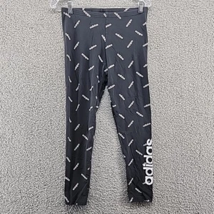 Adidas Leggings Womens Medium Black Allover Logo Print Stretch Gym Running Yoga - Picture 1 of 8