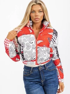 Red Paisley Print Puffer Jacket Size Large Long Sleeve Zip Up - Picture 1 of 3