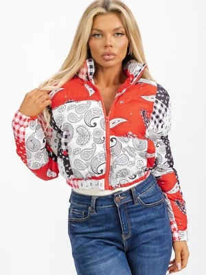 Red Paisley Print Puffer Jacket Size Small Long Sleeve Zip Up - Image 1 of 3