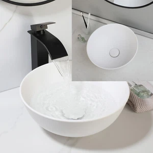 Artificial Stone Wash Basin Round Ceramic White Bathroom Sink Mixer Faucet Drain - Picture 1 of 16
