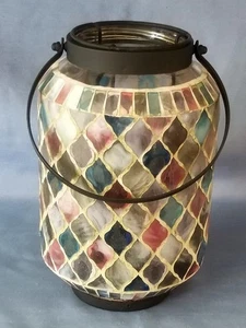 Vintage 11" Hanging Mosaic Glass Candle Holder Lantern Pink Aqua & Pastel Colors - Picture 1 of 7