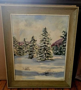 Vintage Large Framed Winter Evergreen Painting - Picture 1 of 7