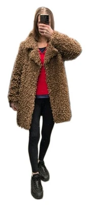 ZARA COAT XS faux fur brown snap collared  pockets lined - Image 1 of 4
