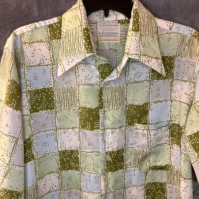 Camisa masculina vintage Golden Arrow M discoteca texturizada poliéster verde quadriculado botão para cima - Imagem 1 de 4
