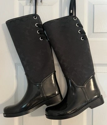 Botas de lluvia Coach para mujer negras grises firma punta redonda con cordones hasta la rodilla talla 7B Foto 1 de 4