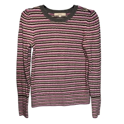 Suéter Ann Taylor LOFT Púrpura Rosa Gris Rayas Manga Abullonada Talla Mediana Cuello Redondo  Foto 1 de 4