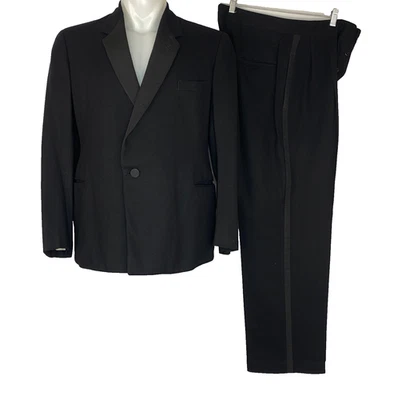 Vintage 1920s men's black wool silk tuxedo suit 42 formal jacket button front - Image 1 of 4