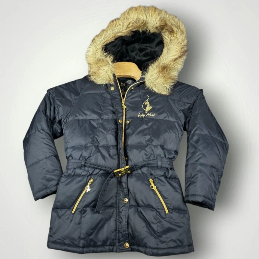 Vintage Y2K Baby Phat Girls L Down Puffer Jacket Coat Belted Faux Fur Hood Logo - Image 1 of 4