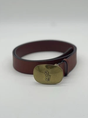 POLO por Ralph Lauren Cinturón de Cuero Marrón Latón Big Pony Boy Hebilla Ovalada Grande Foto 1 de 4