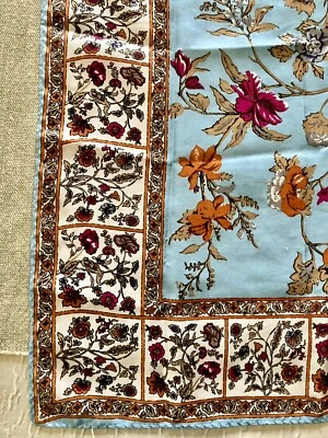 Vtg Scarf Sky Blue Pumpkin Orange Floral Border Wild Flowers Cottage Roses LRG - Image 1 of 4