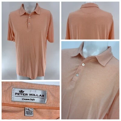 Peter Millar Polo Shirt Men L Orange Stripe Cotton Silk Short Sleeve YGI W3-58 - Image 1 of 4