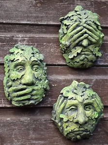 Juego de 3 placas de pared Green Man PIEDRA See Hear Speak no Evil "GrEvils" © +¡GRATIS! - Imagen 1 de 17