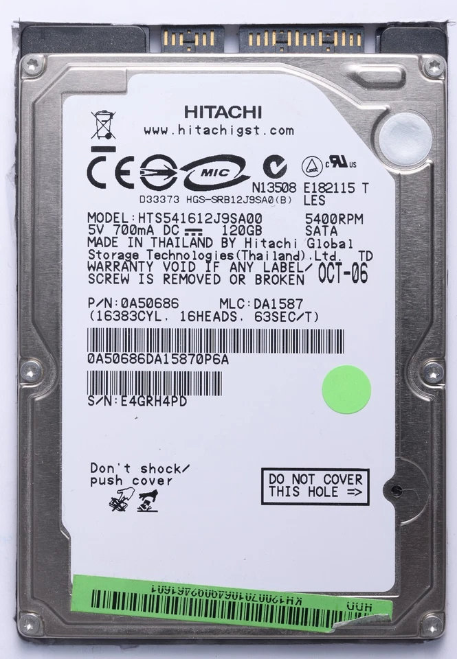 Hitachi 120GB SATA 2.5" Laptop HDD Model HTS541612J9SA00 P/N 0A50686 - Image 1 of 2