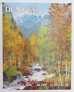 Original 70er Jahre Delta Airlines Denver Colorado Laycox Kunst Reise Poster - Bild 1 von 5