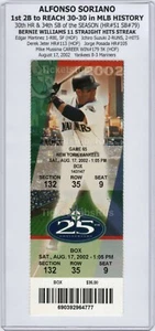 Alfonso Soriano 1er 2B 30-30 MLB HISTORIA 2002 Marineros Yankees 8/17 Boleto Completo - Imagen 1 de 12