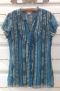 Charlotte Russe SzL Sheer Chiffon Button Front Blouse Ruffle Trim Geo Print Dots - Picture 1 of 6