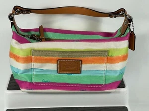 Rainbow Coach Mini Bag Top Handle Stripe Fabric Leather Strap - Picture 1 of 10