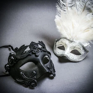 Black Roman Warrior & Silver MardiGras Eye Mask Top White Feather Couple Masks - Picture 1 of 1