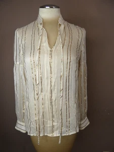 Derek Lam IO Crosby Women's 2 Metallic Silk Top Ivory Gold Tie Neck Long Sleeve - Picture 1 of 9