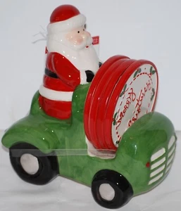Merry Christmas Santa in Green Truck Ceramic Christmas 4pc Coaster Set w/Caddy - Picture 1 of 5