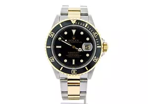 Orologio da uomo Rolex Submariner oro giallo 18K acciaio inox nero sub data 16613 - Foto 1 di 6
