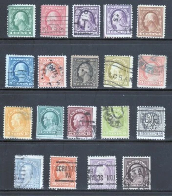 U.S. STAMPS #498//518 — (19) WASH-FRANK  — FLAT, p11, UNWK -- 1917 —  USED - Image 1 of 2