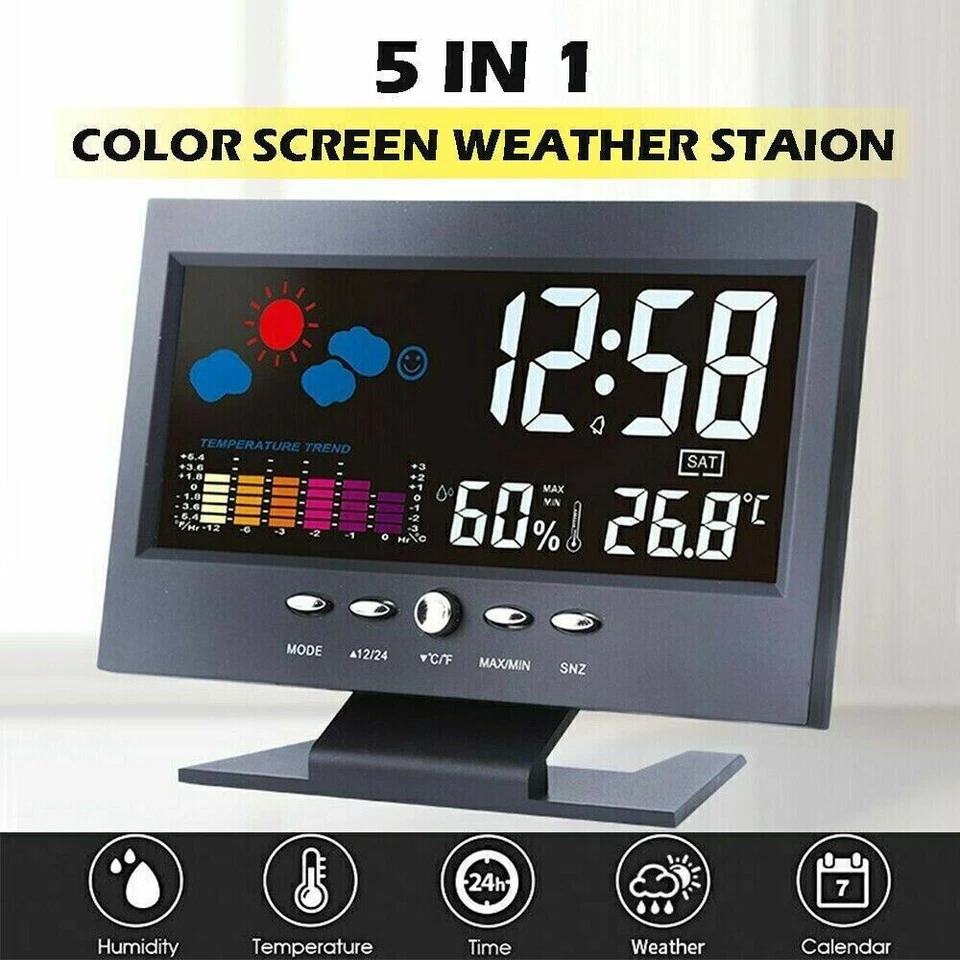 LED Digital Alarm Clock Snooze Calendar Thermometer Hygrometer Weather Display - Image 1 of 4