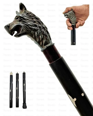 Antiguo bastón de madera negro con mango de cabeza de diseñador de latón de lobo para hombre Foto 1 de 4