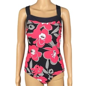 Costume intero Miraclesuit Bold Flowers rosa grigio nero collo quadrato taglia 14 - Foto 1 di 12