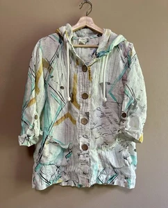 Dolcezza 100% Linen Jacket Women's Sz Large Colorful Button Up Hooded Pockets - Picture 1 of 6