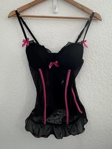 Sheer Babydoll Lingerie Womens M Black Pink Lace Mesh Bow Details Sexy Coquette - Picture 1 of 8