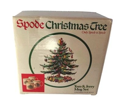 Vintage Spode Christmas Tree Tom & Jerry Mug Set 4 Mugs In Box-One Mug Chipped - Image 1 of 4