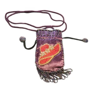 Perlen Handtasche rot Hut Club Damen dunkel lila Seide Kordelzug Beutel Hand - Bild 1 von 6