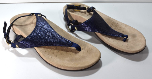 Sandali Vionic Kirra donna stile US 7 perizoma cinturino alla caviglia blu metallizzato