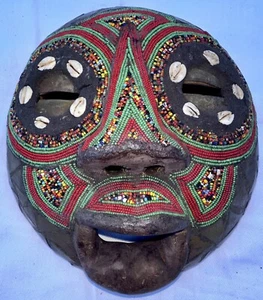 Rare Vintage African Hand Carved Wood Ornate Decorative Tribal Mask Brass Shells - Picture 1 of 6