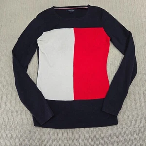 Tommy Hilfiger Sweater Womens Small Red White Blue Flag Pullover Long Sleeve - Picture 1 of 10