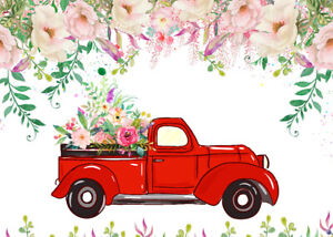 7x5ft Valentines Hand Draw Flowers and Red Truck Vinyl Backdrop Photo Background