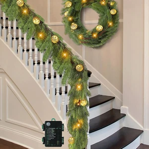 2 Pcs 12.4Ft Pre Lit Christmas Cedar Garland with 20 LED Lights,Artificial Pine - Picture 1 of 7