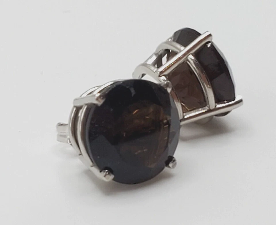 New Genuine 10mm Round Smokey Quartz 14KWG Stud Earrings W/ Butterfly Backs - Image 1 of 4