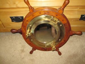 Oak Wood Ship Wheel Brass Porthole Center Nautical Wall Décor Mirror 18.5"