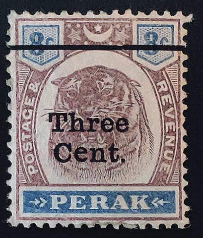 MALAYA PERAK. Error! QV. 1900. 3c on 8c Tiger with "Antique e" in "Cent". Mint Cover