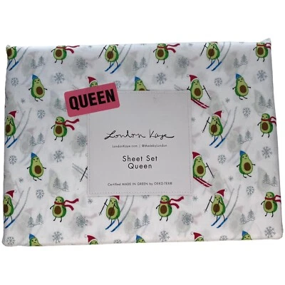 NEW London Kaye Christmas QUEEN Sheet Set Avocados Skiing Santa Hat 4 Piece Set - Image 1 of 4