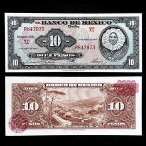 1963 Mexico Paper Money $10 Pesos Banknote Tehuana World Currency Pink Seal AU - Picture 1 of 3