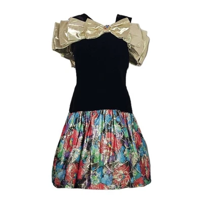 Vestido de Cóctel Vintage Morton Myles Saks Terciopelo Dorado Lazo Metálico Floral Talla S Foto 1 de 4