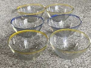 Set Of 6 Arcoroc ARC France Glass 5" Round Bowl Striped yellow Blue Rare 60s - Picture 1 of 9